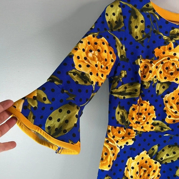 SHELBY & PALMER Polka Dot Rose Pattern Midi Dress Gold Royal Blue Flute Sleeve 6 - Picture 5 of 13